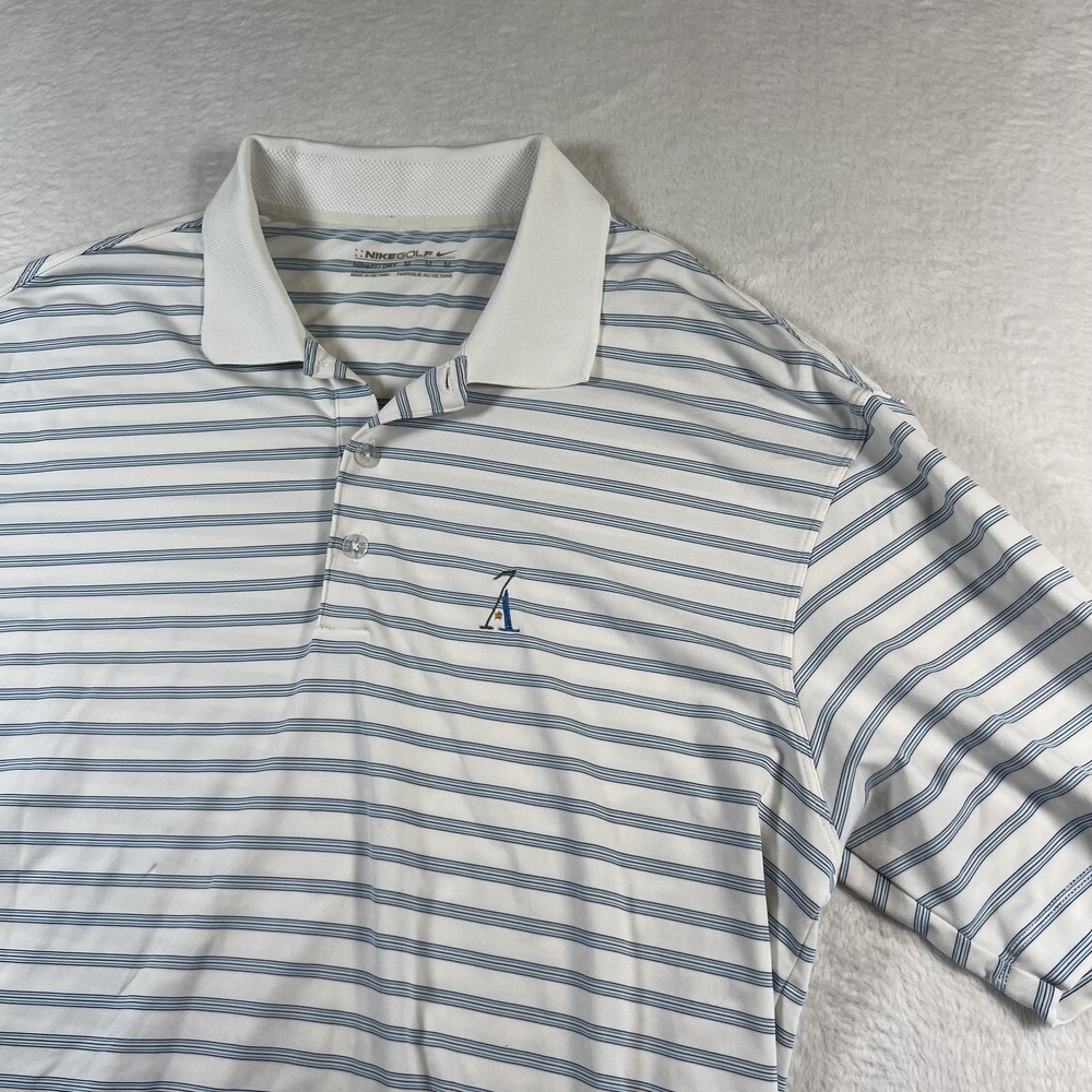 Nike Golf Polo Shirt Mens Medium White Blue Stripe Dri-Fit A Logo Performance